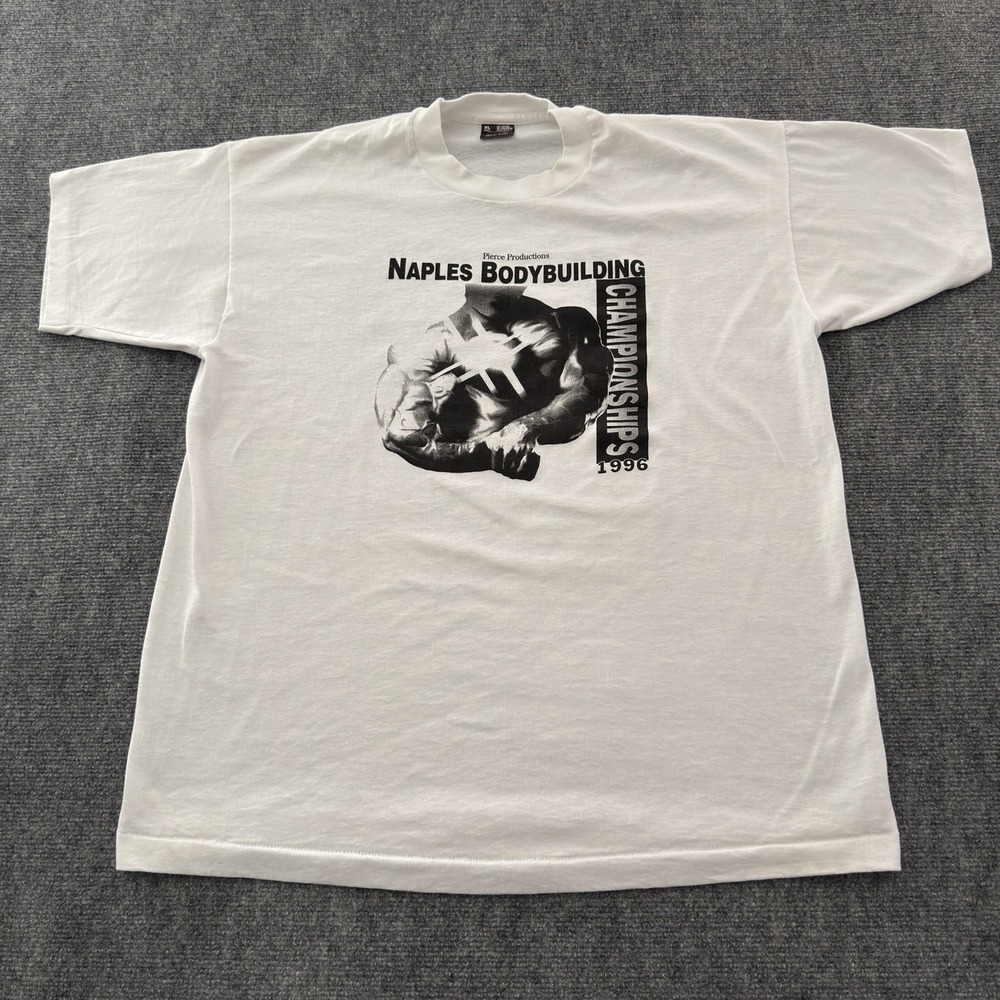 Vintage 1996 Naples Bodybuilding Gold's Gym Graphic Tee White XL